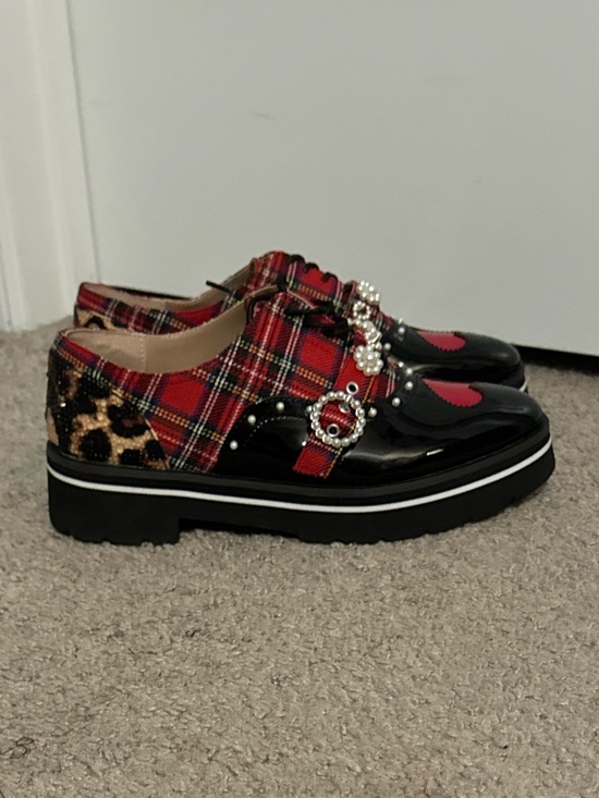 Betsey Johnson Shoes - Cool Betsey Johnson size 7.5 red plaid lace up embellished Simonee shoes new
